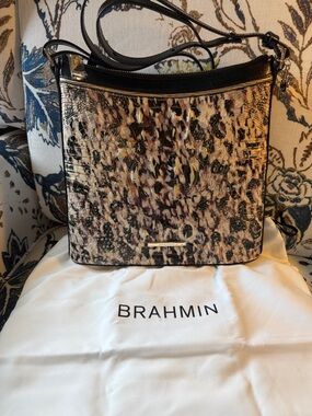 Brahmin Multicolor Floral Embossed Leather Crossbody with Black Trim